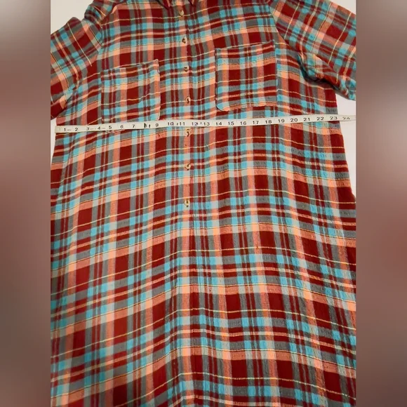 Pilcro Long Plaid Button-Up Shirt Dress in Teal and Burgundy - Picture 5 of 11